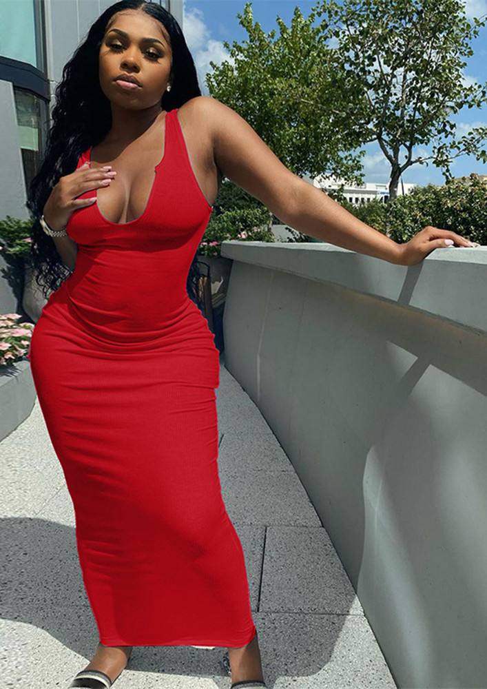RED PLUNGE MAXI BODYCON DRESS