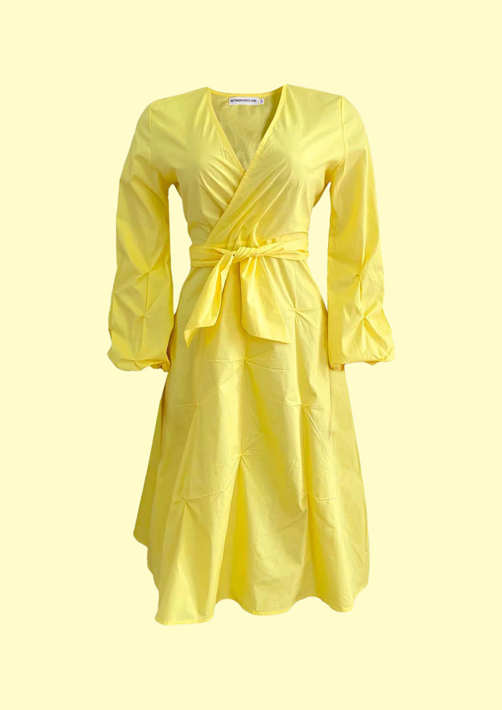 A Surplice Neck Wrap Waist Midi Yellow Flared Dress