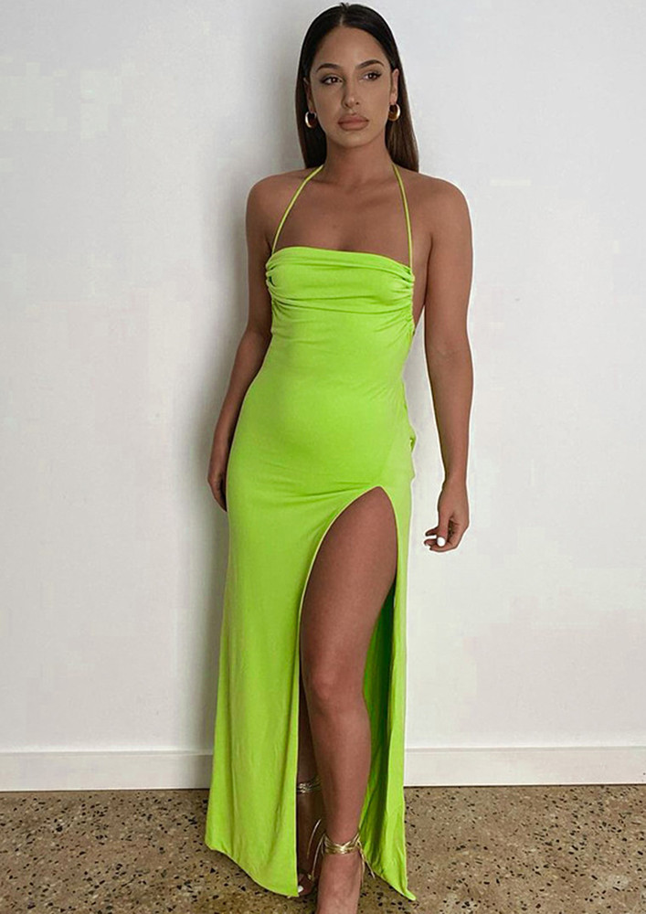Green Halter Strap Dangling Backless Dress
