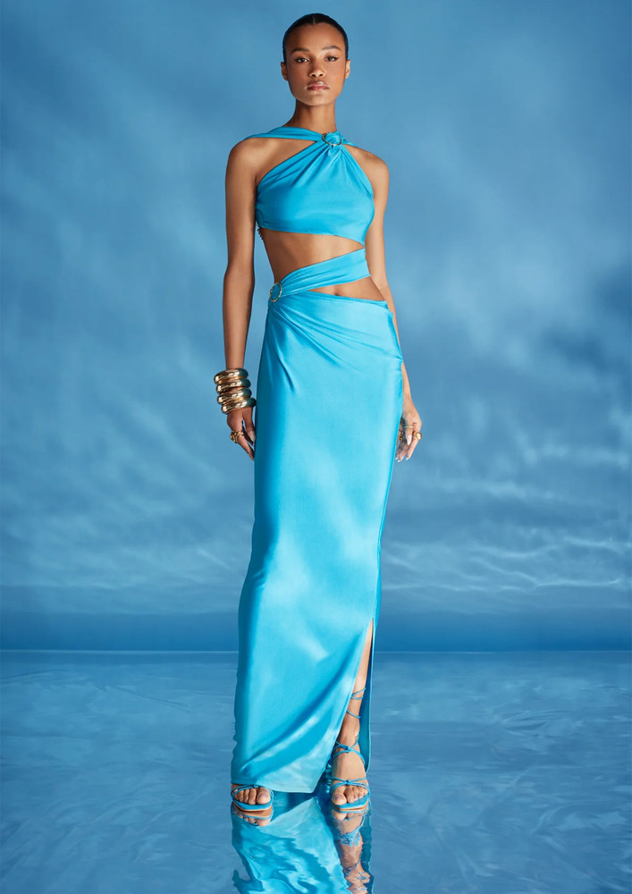 BLUE HOLLOW-RING STRAP ASYMMETRICAL DRESS