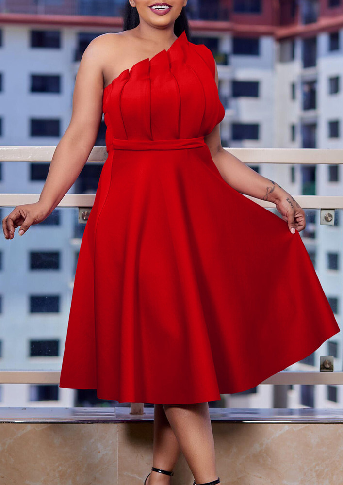 RED ASYMMETRICAL PLEATED DRESS