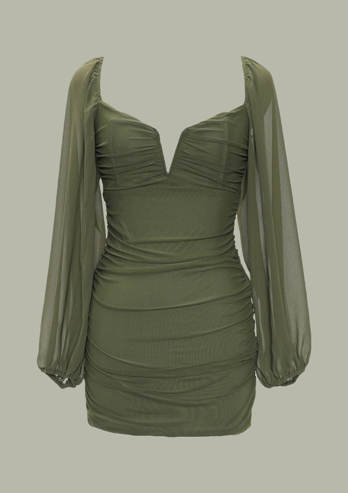 V-sweetheart Neck Ruched Green Bodycon Dress