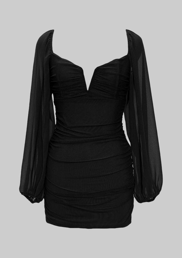 V-SWEETHEART NECK RUCHED BLACK BODYCON DRESS