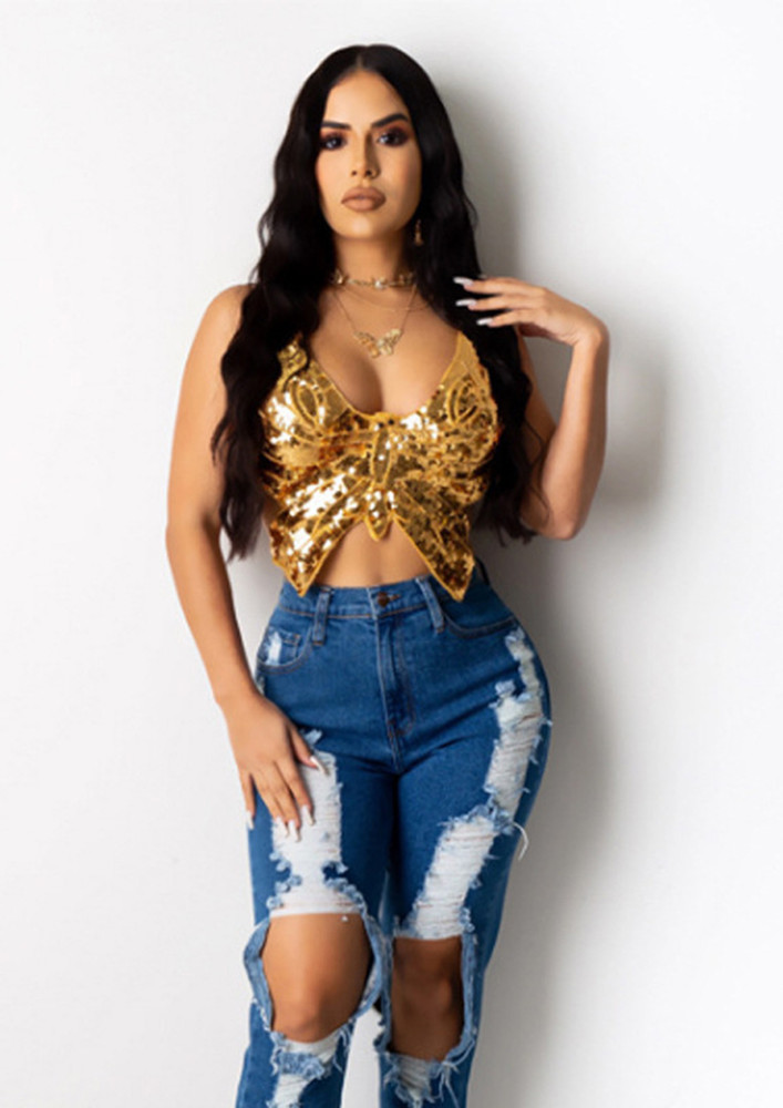 GOLD SQUIN-BUTTERFLY CROP TOP