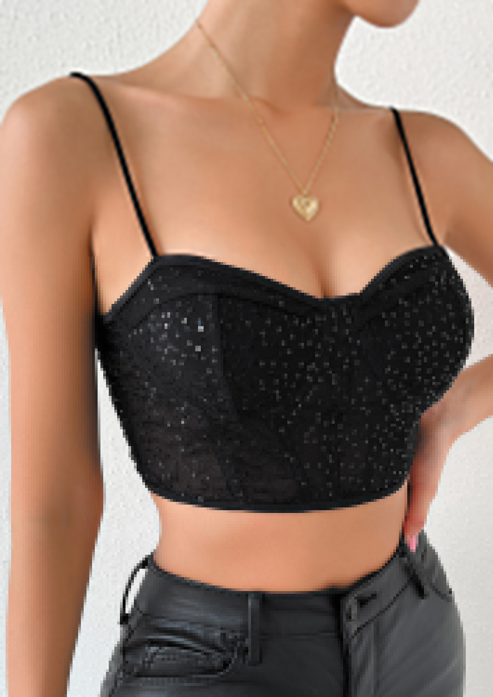 SEQUINNED SWEETHEART-NECK BLACK CAMI