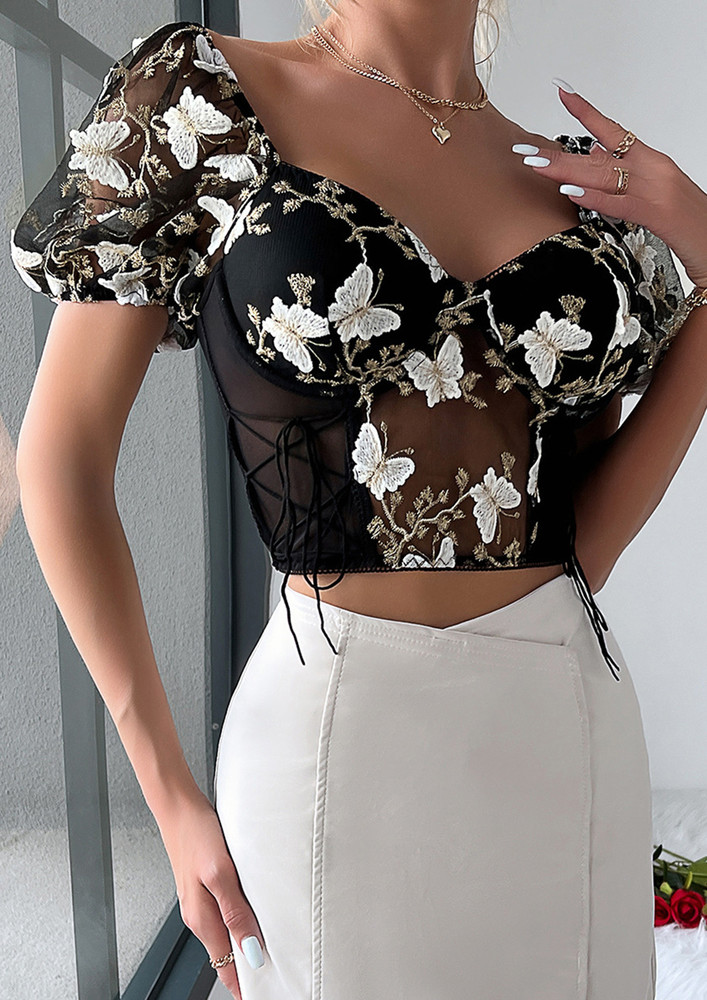 BLACK EMBROIDERED MESH CORSET TOP