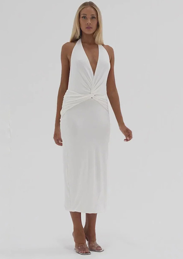 WHITE HALTER-PLUNGE PENCIL DRESS