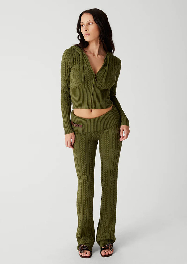 Green Cable-knit Hooded Jacket & Pants Set