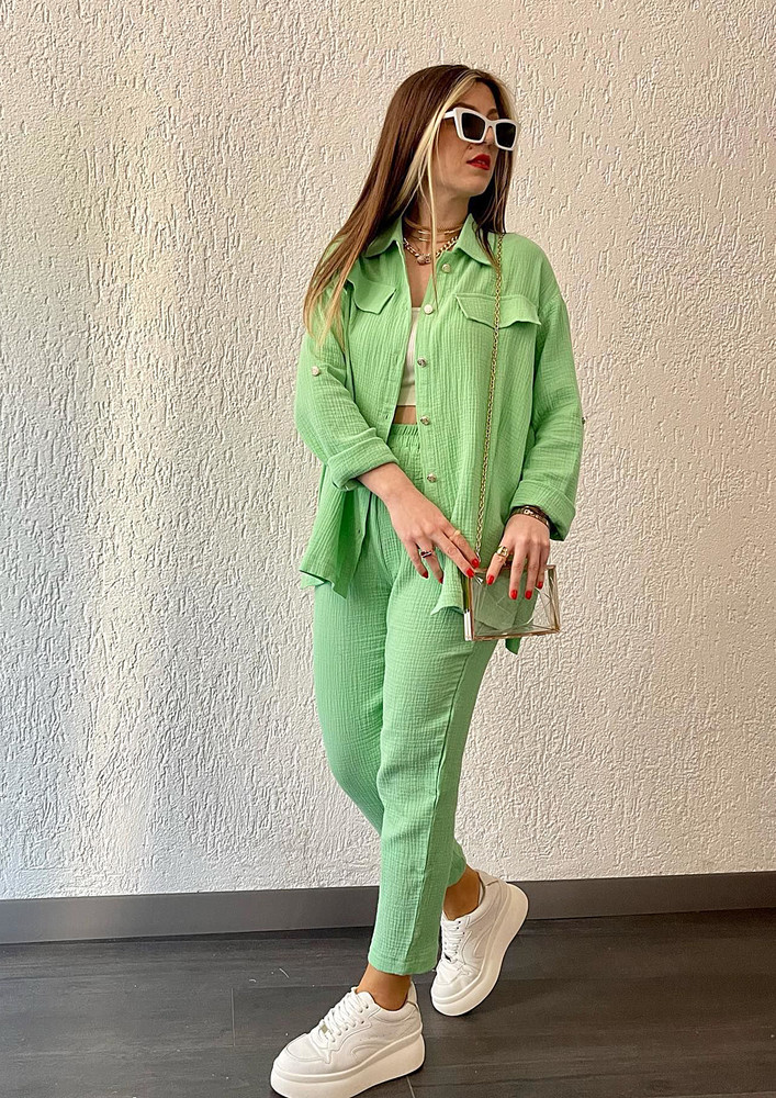 GREEN CRIMPED SHIRT & ANKLE TROUER SET