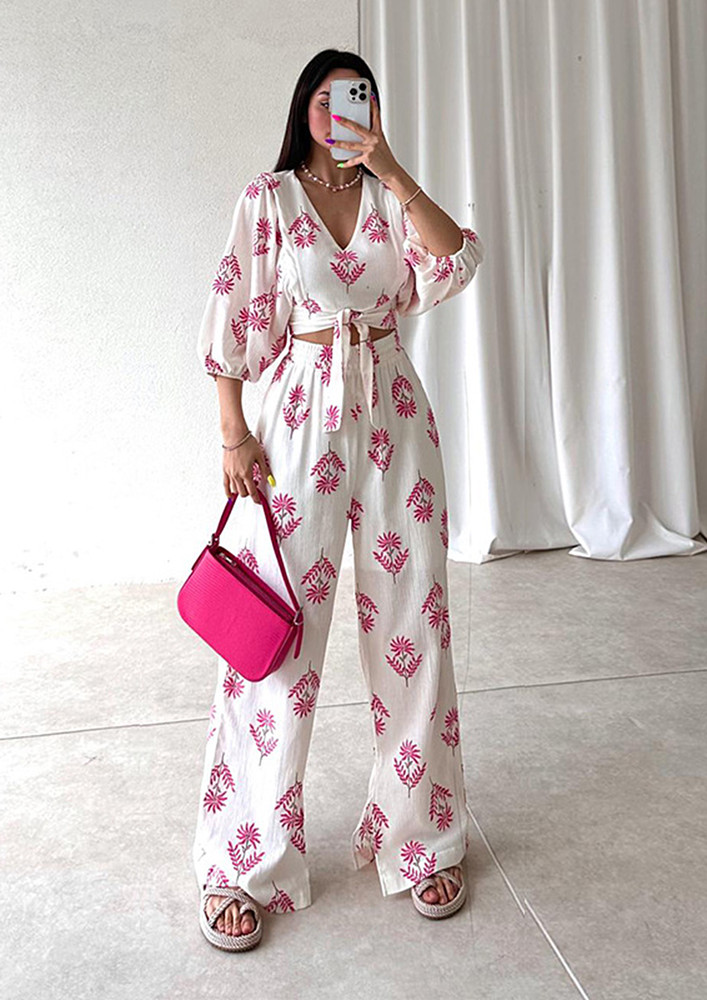 PRINTED BLOUSE & WIDE PINK TROUSER SET