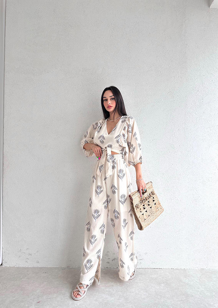 PRINTED GREY BLOUSE & WIDE TROUSER SET
