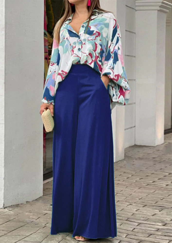 PRINTED BLUE BLOUSE & WIDE TROUSER SET