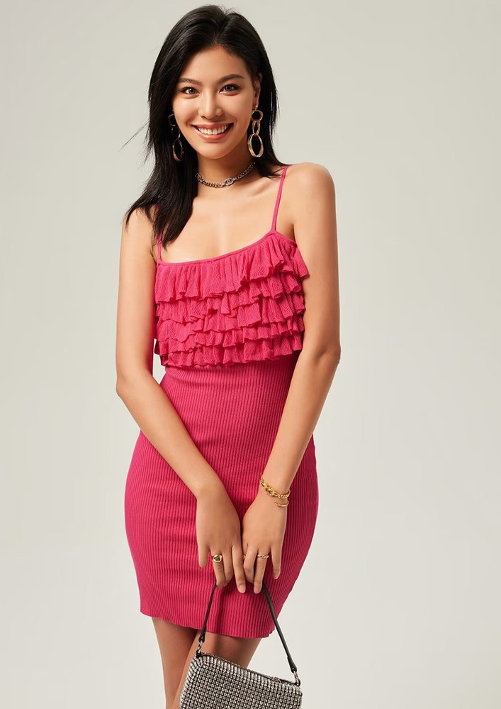 ROSE RED RIBBED RUFFLES BODYCON DRESS