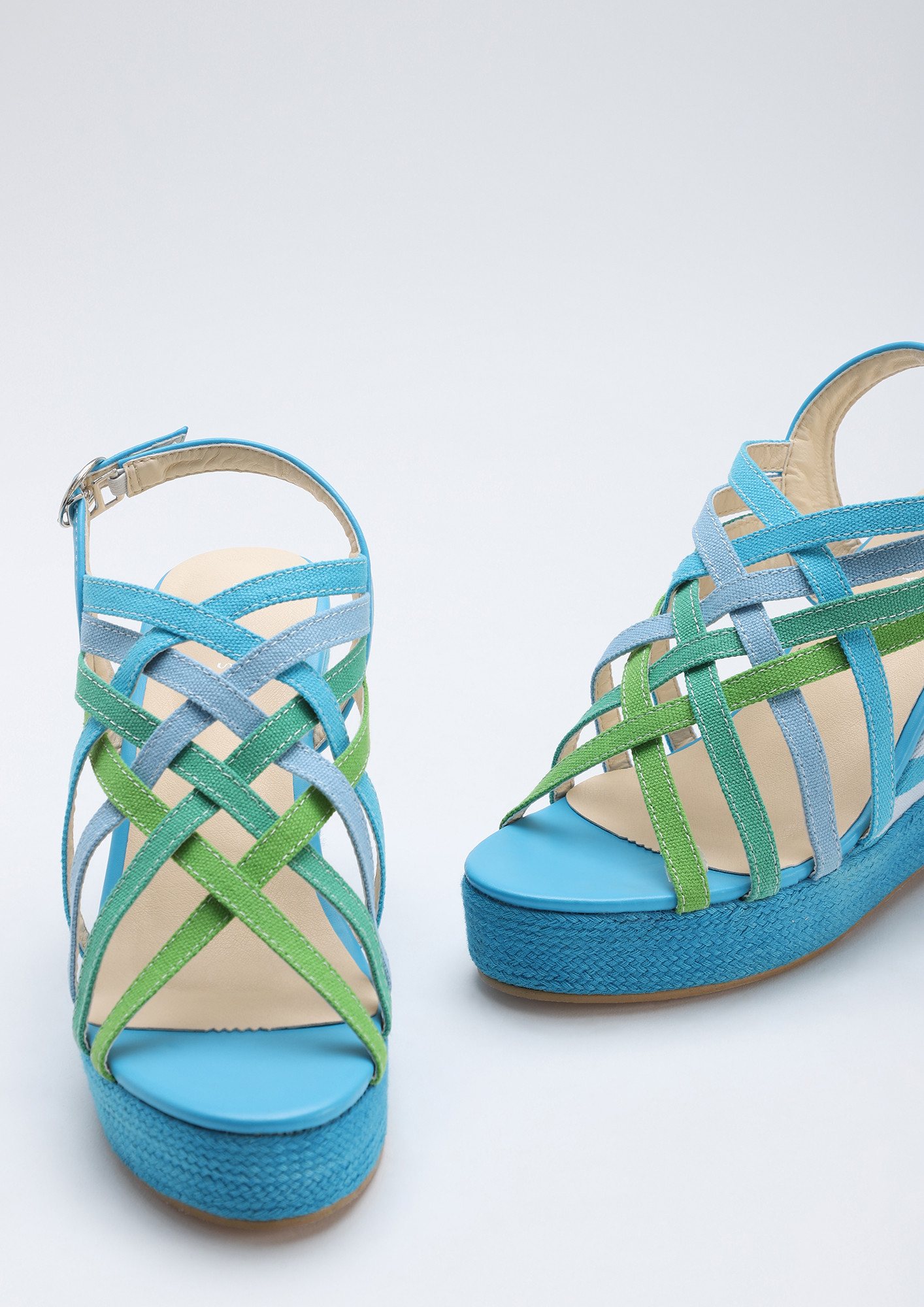 CAN'T GET ENOUGH STRAPS MULTI BLUE WEDGES