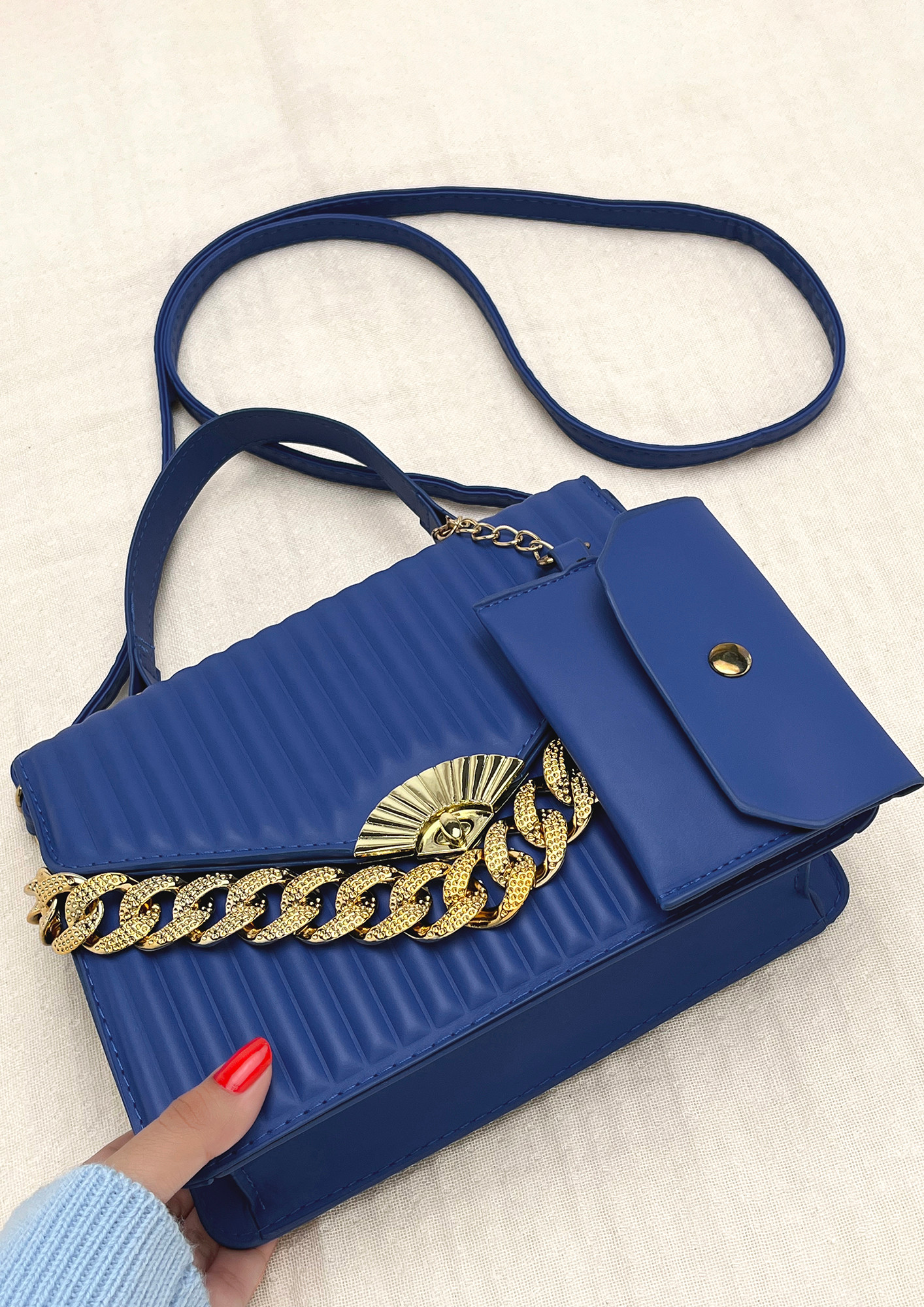 TOP HANDLE QUILTED SQUARE BLUE HANDBAG