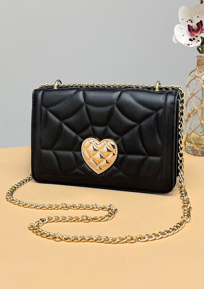 Carved With Heart Black Leather Handbag