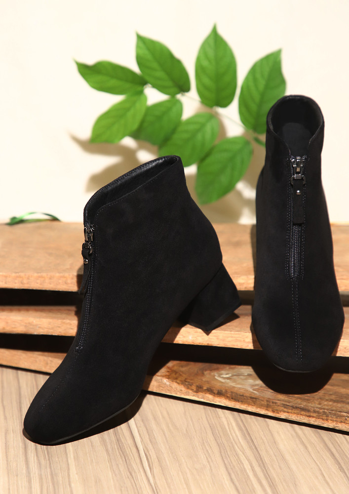 BLACK ANKLE LENGTH BOOTS WITH FRONT ZIPPER