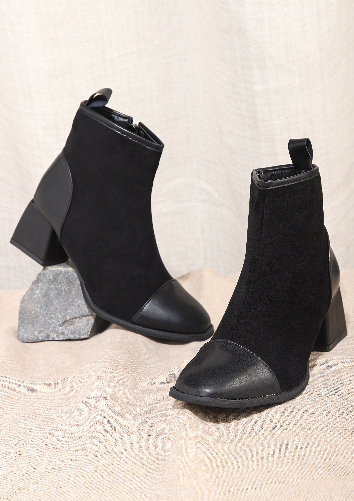 La Gogo Ankle Boot - Black - Stretch Vegan Shiny Leather Block Heel - Burju  Shoes