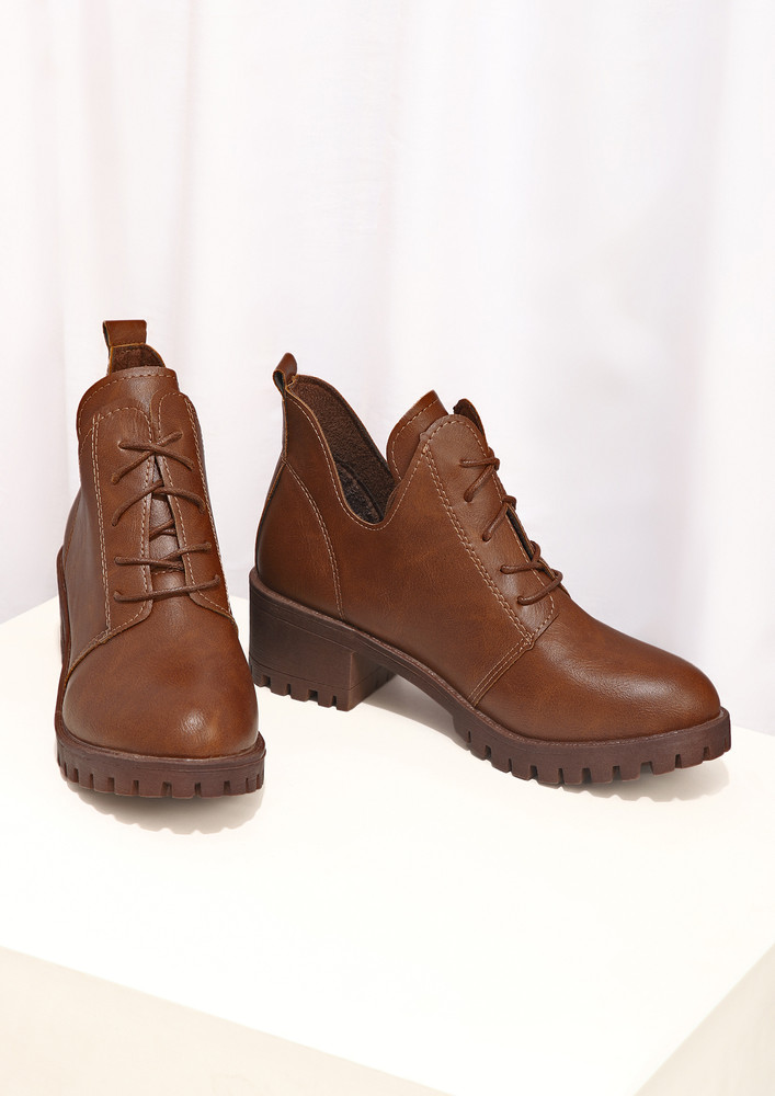 Brown Slip-on Lace-up Detail Ankle Boots