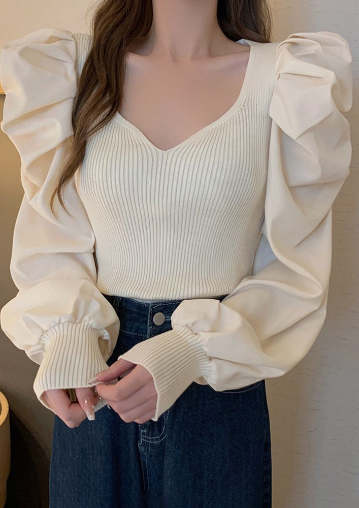 OFF-WHITE RIBBED PUFF SLEEVE SLIM BLOUSE