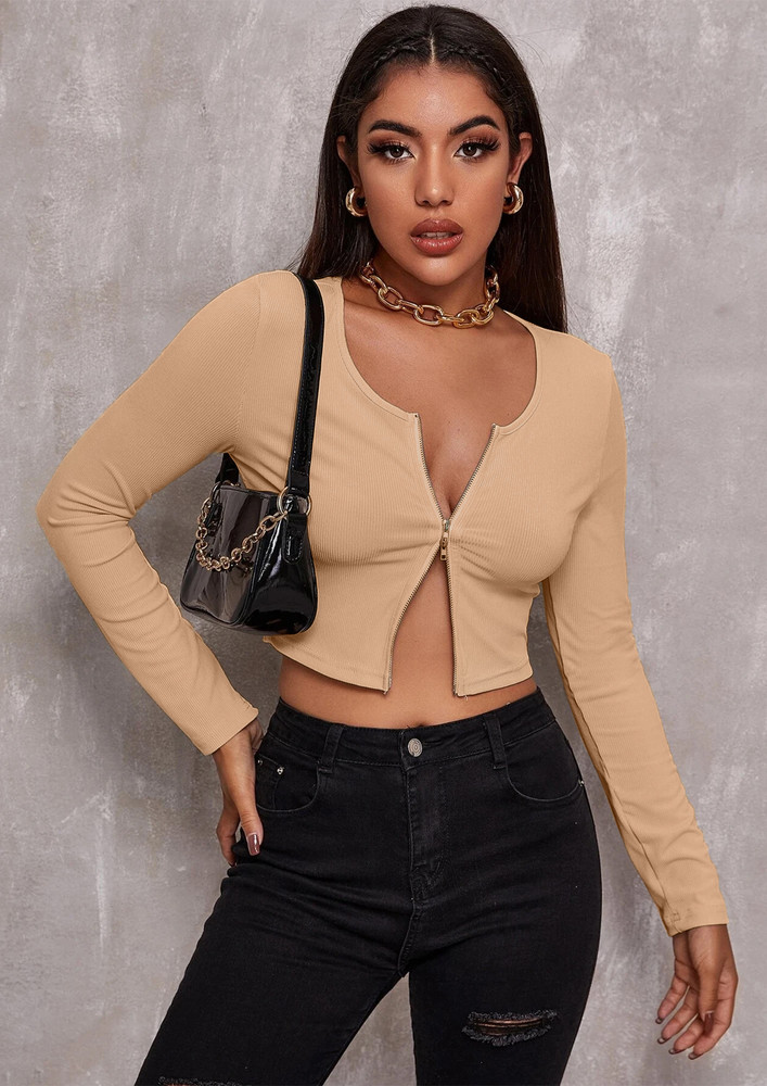 POLYESTER ZIPPY FITTED BEIGE CROP TOP