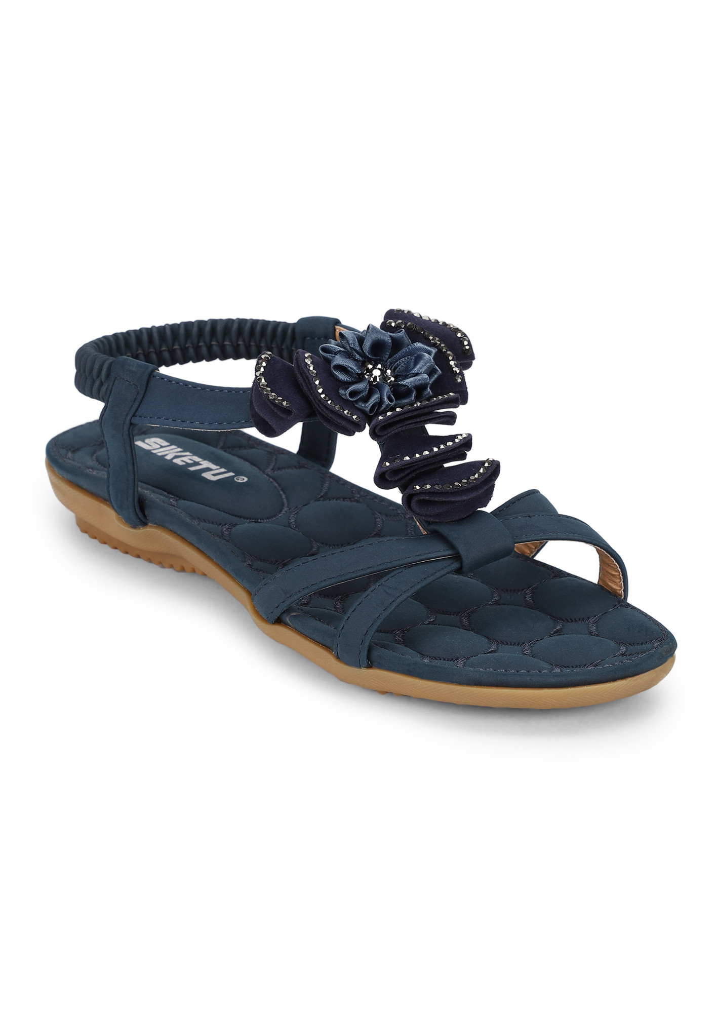 GROWING A SEQUINED FLOWER NAVY FLAT SANDALS