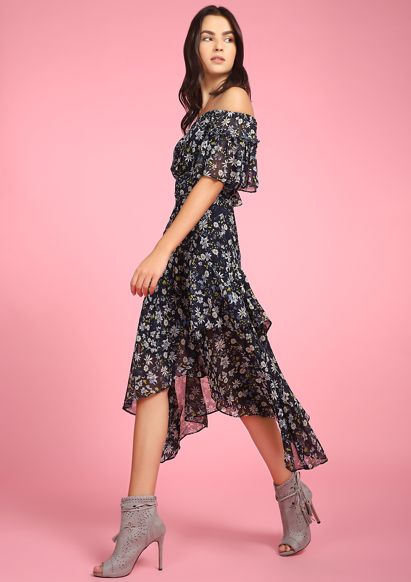 CATCHING ALL THE SUNSHINE NAVY OFF-SHOULDER DRESS