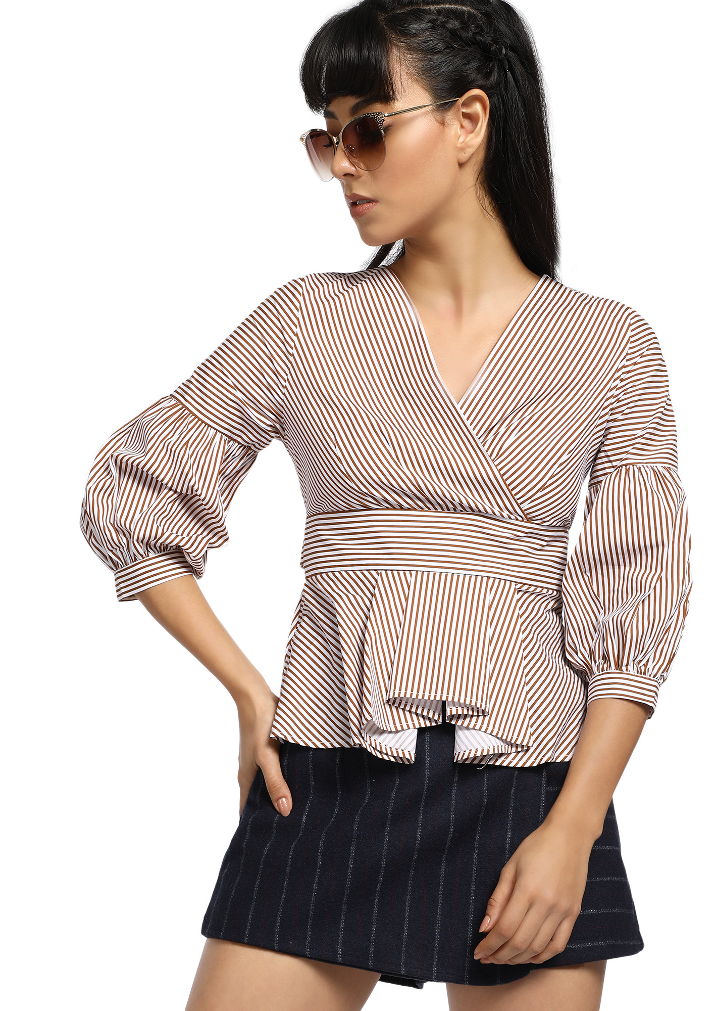HATE LATE-COMERS BROWN STRIPED PEPLUM BLOUSE