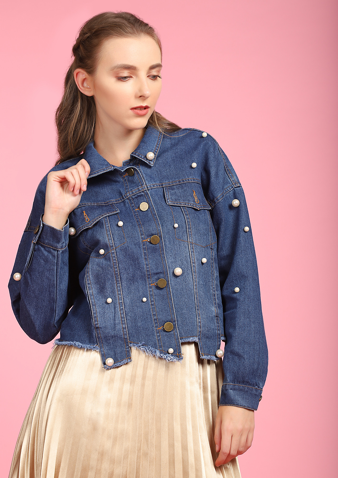 GIMME ALL THE PEARLS BLUE DENIM JACKET
