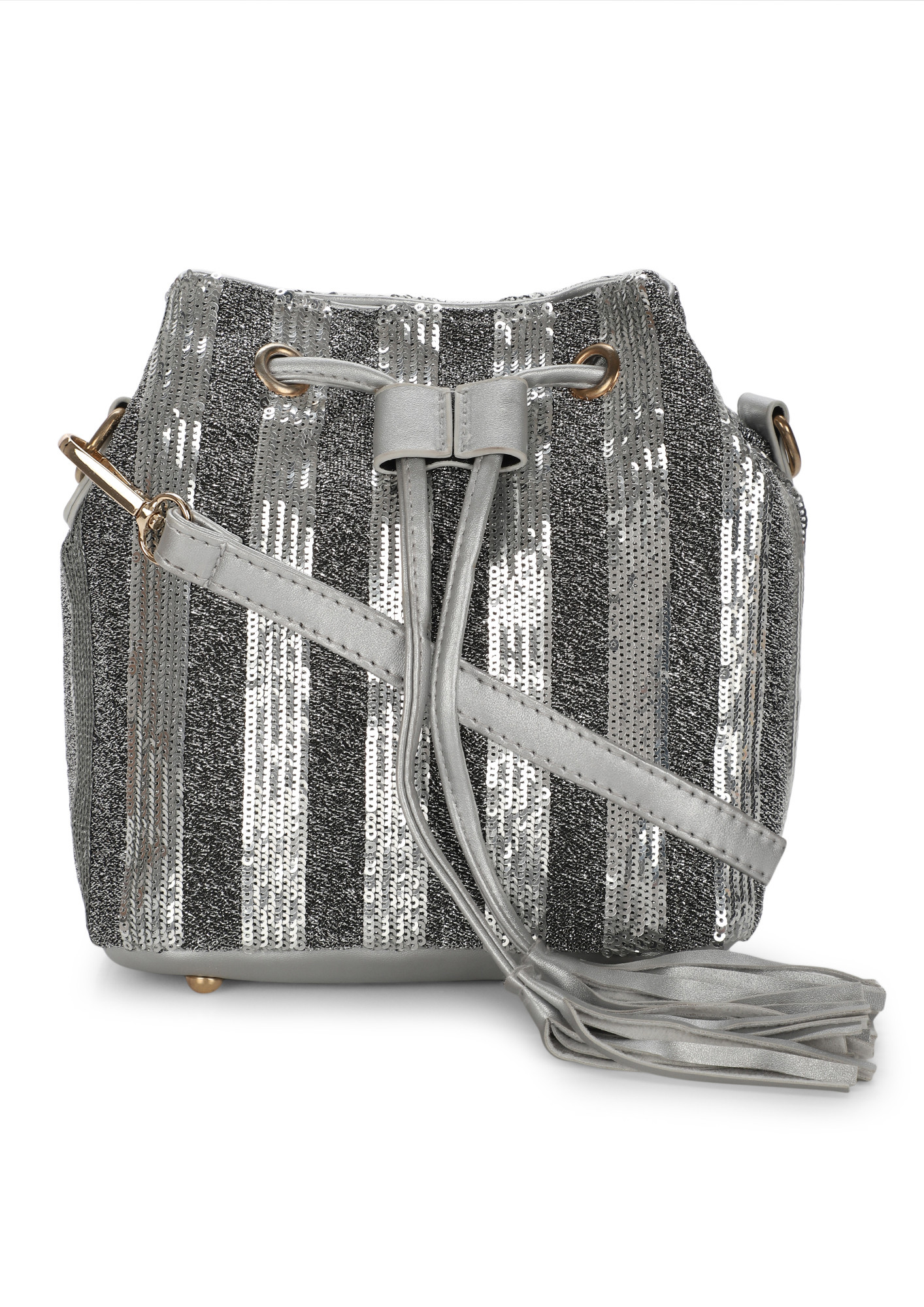 I'M ON A SEQUIN SILVER BUCKET BAG