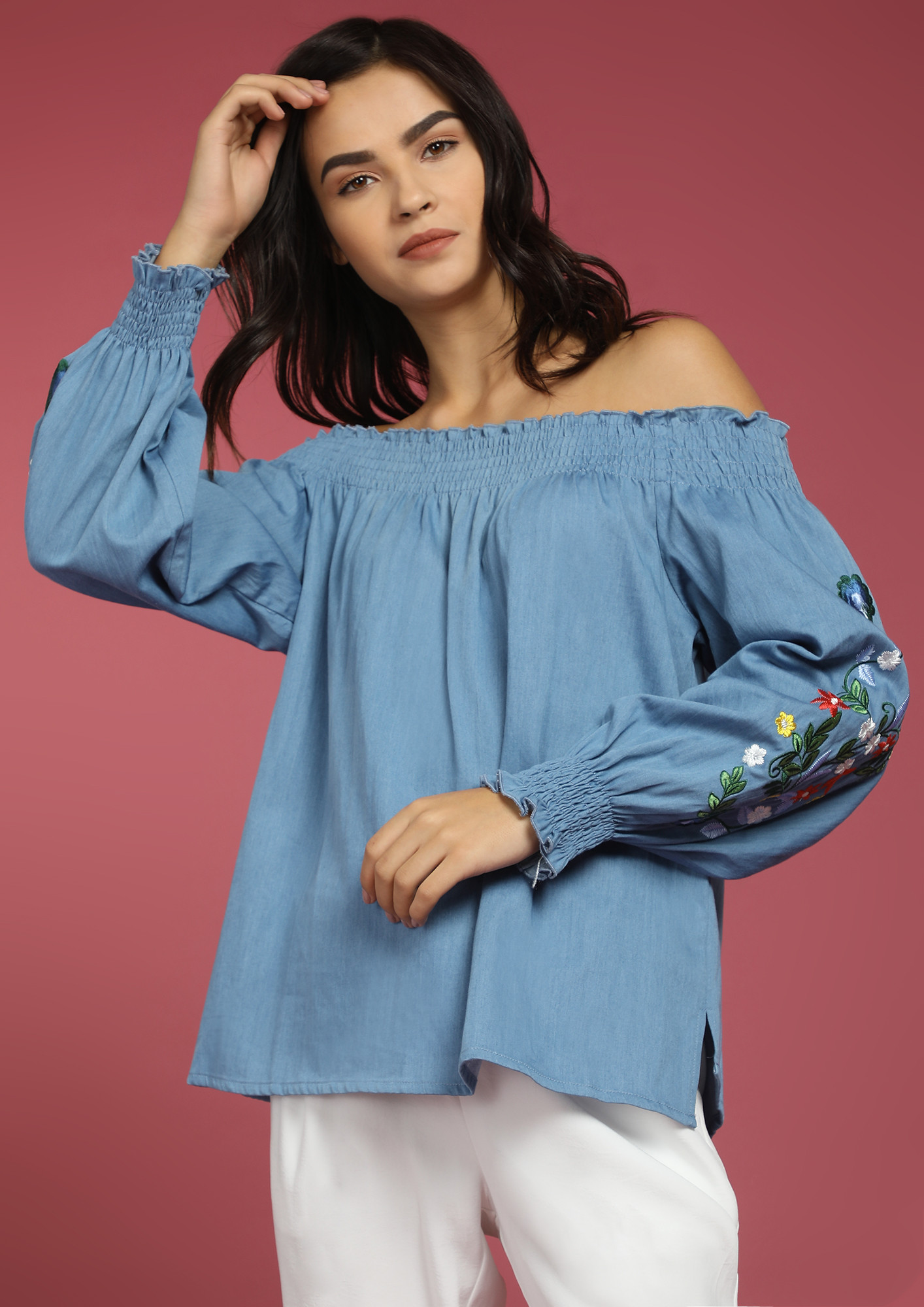 ALL OUT FOR THE SUN BLUE OFF-SHOULDER TOP