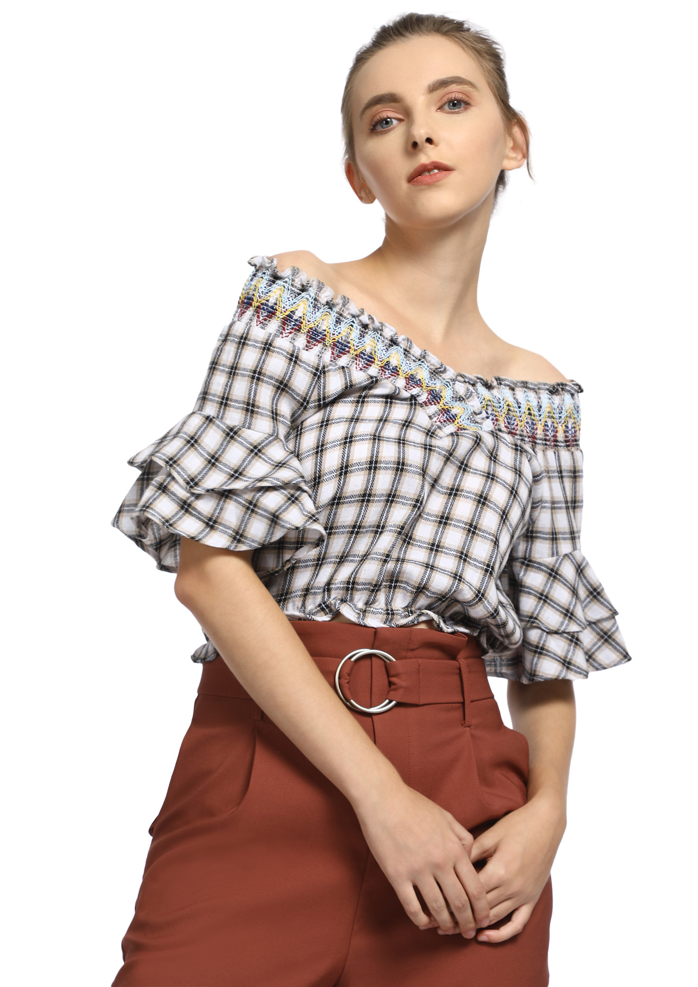 THE SMALLER THE BETTER KHAKI CROPPED OFF-SHOULDER TOP