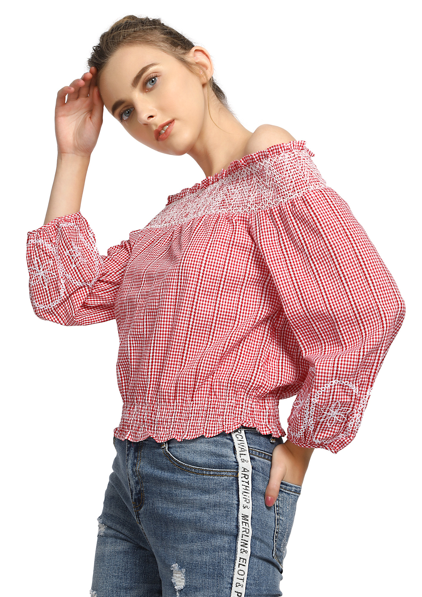 CHECK PERFECT RED OFF-SHOULDER TOP