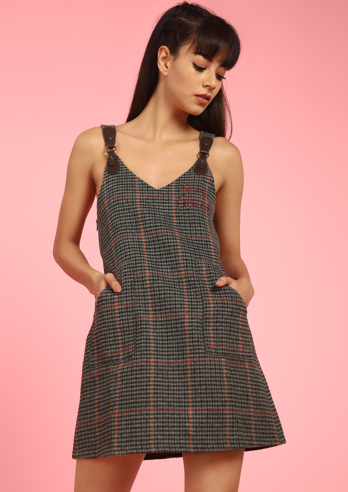 ALL ABOUT THE CHECK-LINE BROWN PINAFORE DRESS