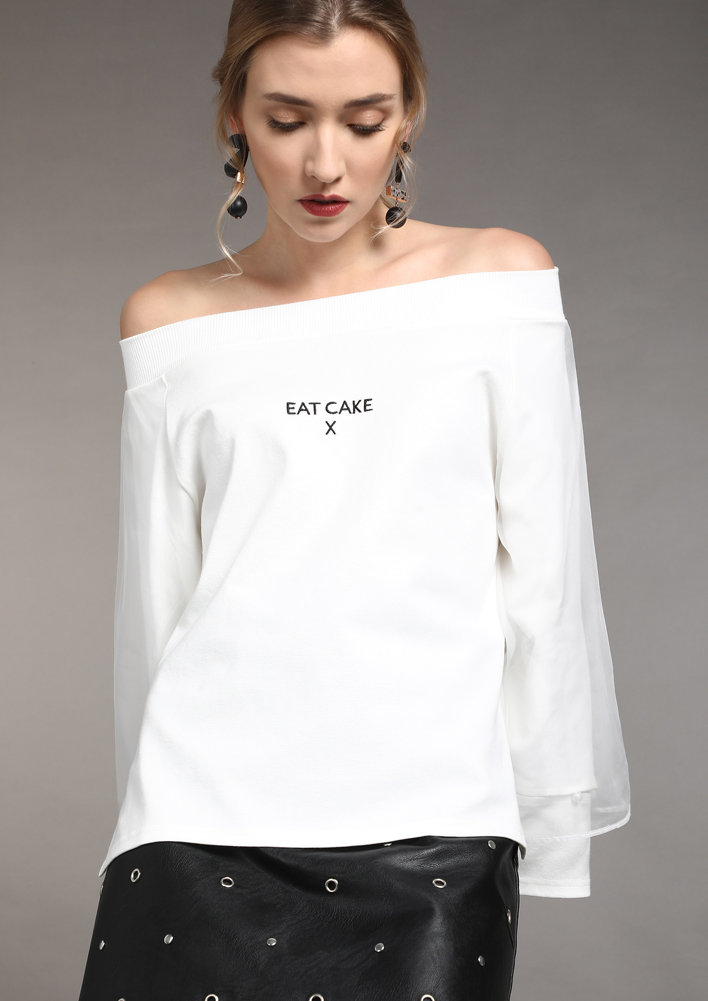 FORGET WORRIES AND EAT CAKES WHITE OFF-SHOULDER TOP