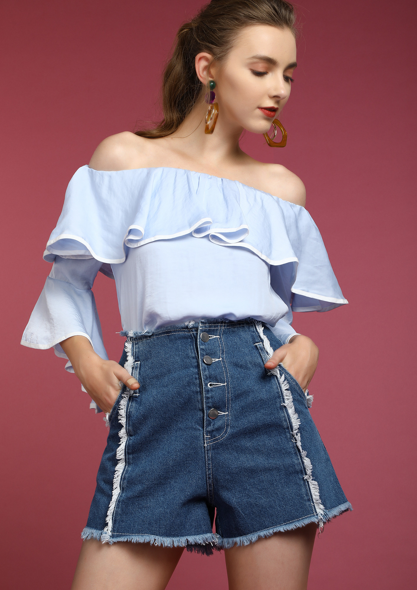 WANNA BE SUNKISSED BLUE OFF-SHOULDER TOPS