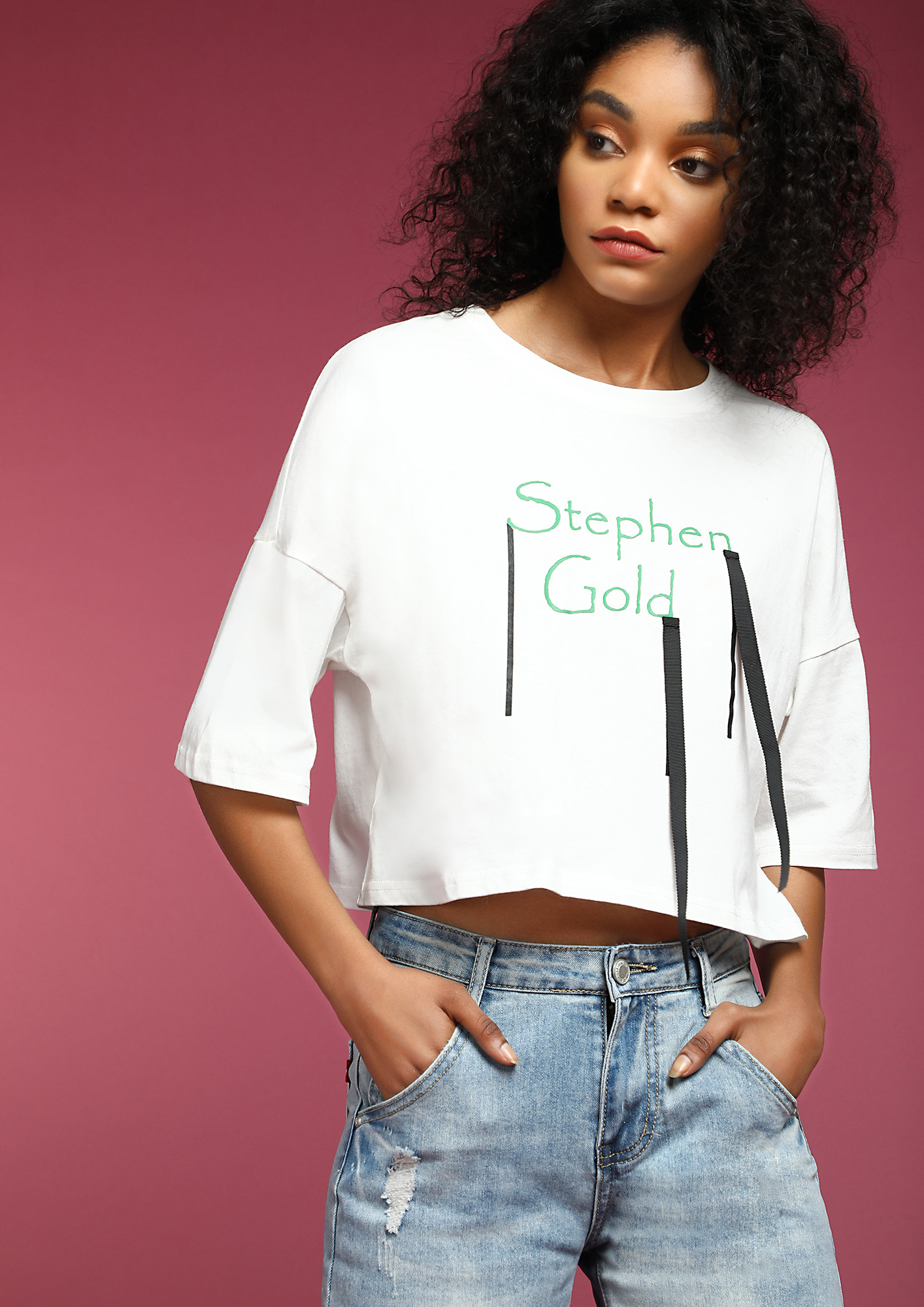 STEPHEN GOLD'S WHITE GREEN CROPPED T-SHIRT
