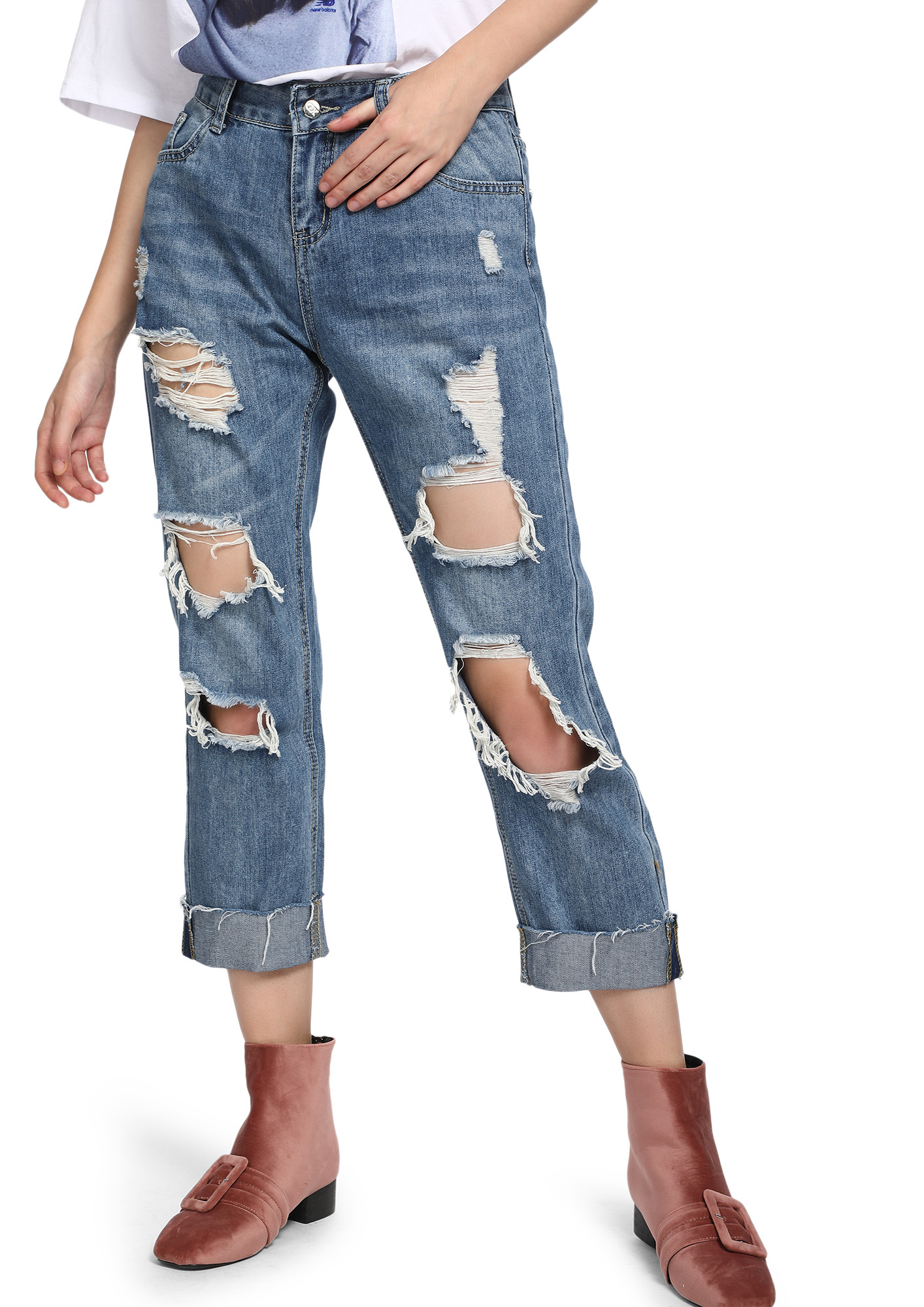 BEST WISHES FOR YOU BLUE DISTRESSED BOYFRIEND JEANS