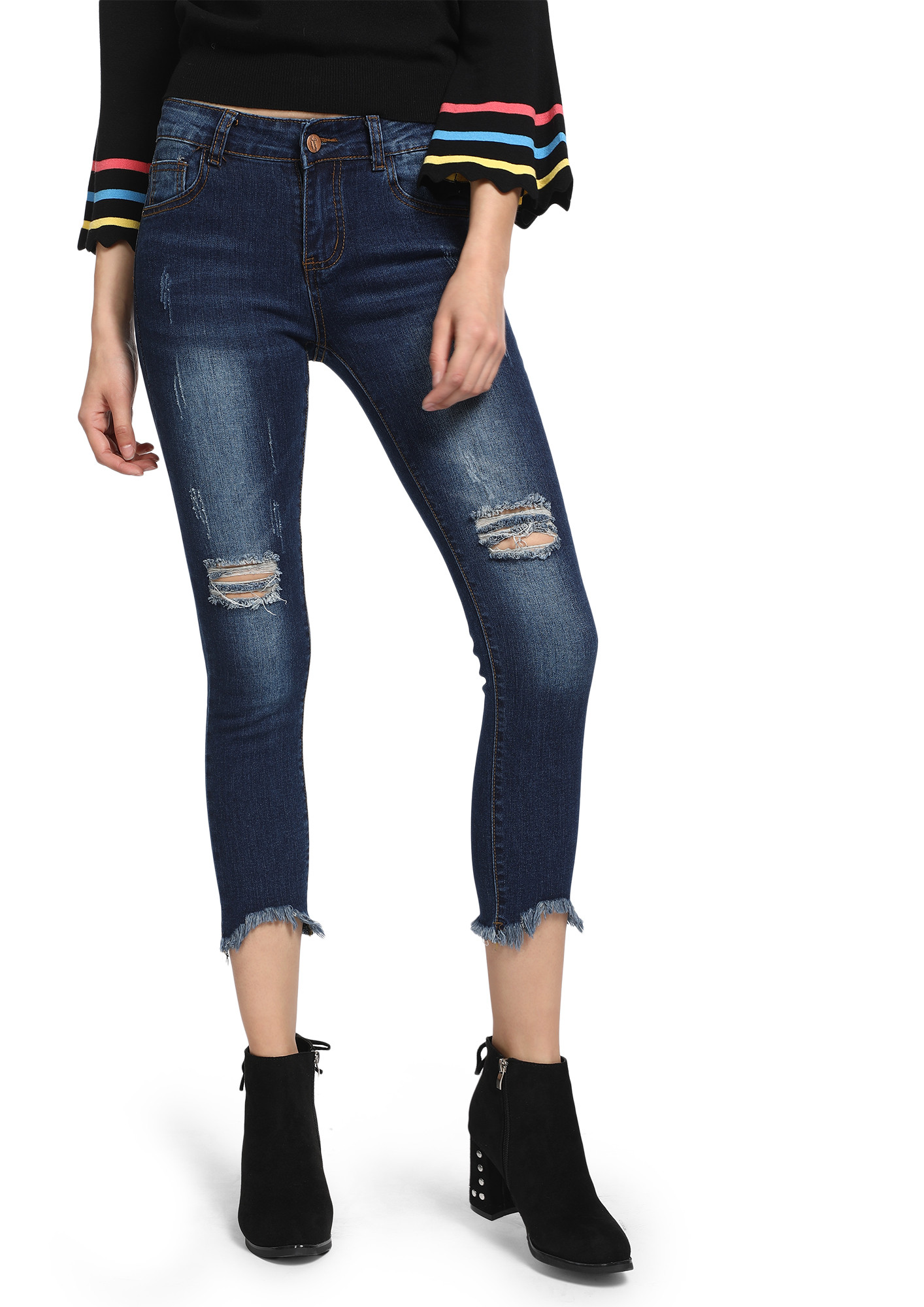 REAP THOSE RIPS DARK BLUE CROPPED SKINNY JEANS