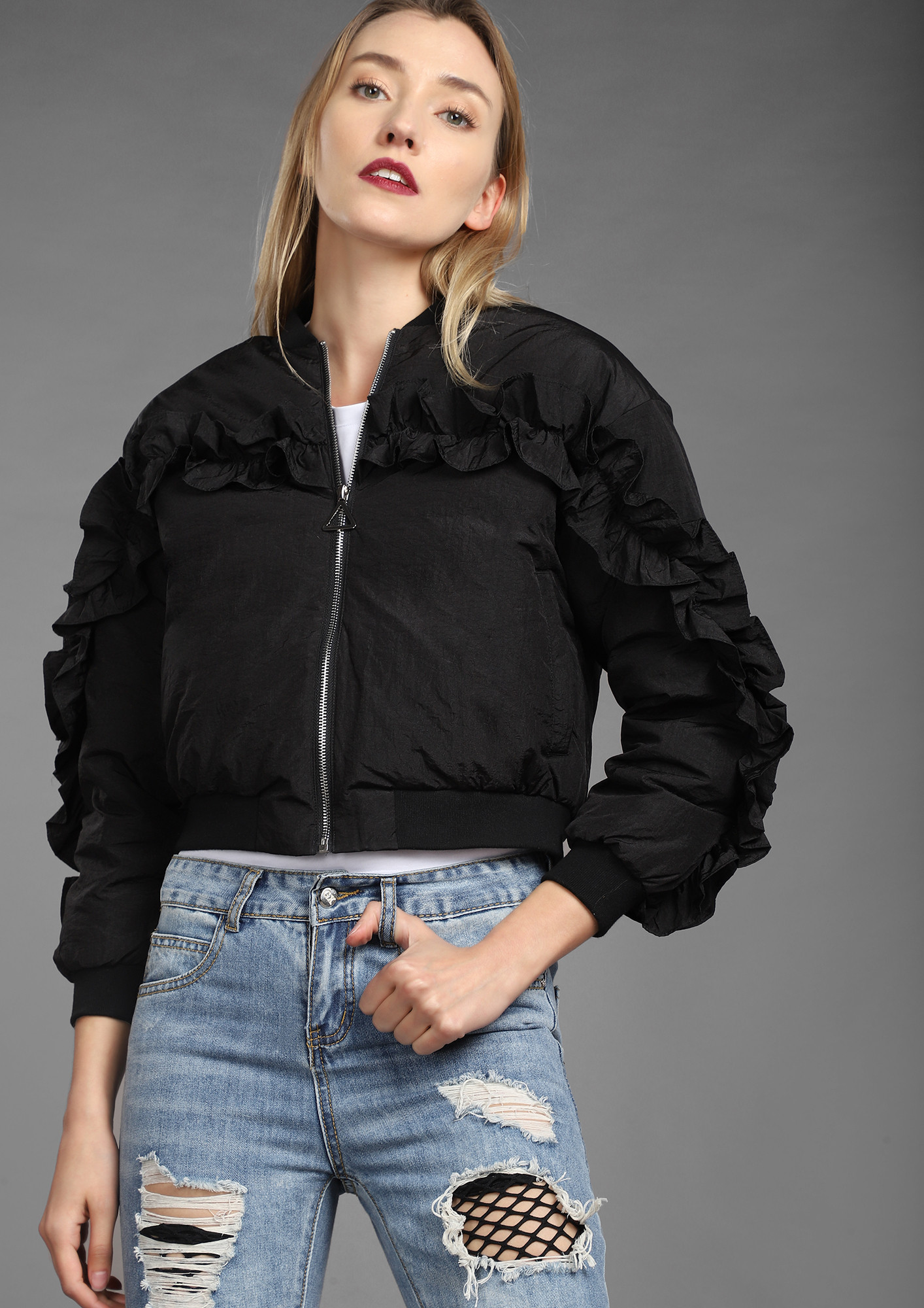 KNOW YOUR RUFFLES BLACK BOMBER JACKET