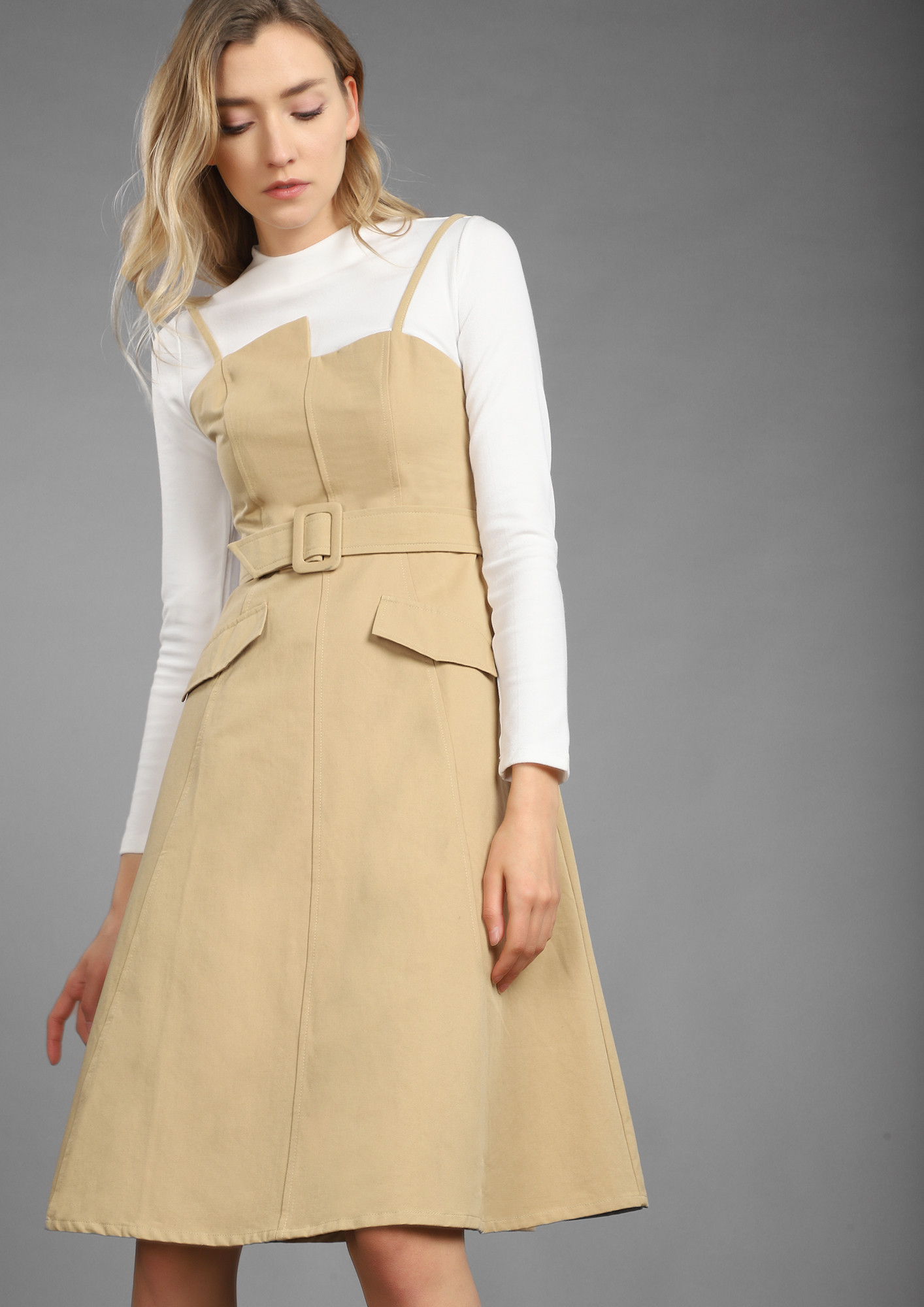 ON FOR A BUSY DAY BEIGE MIDI DRESS