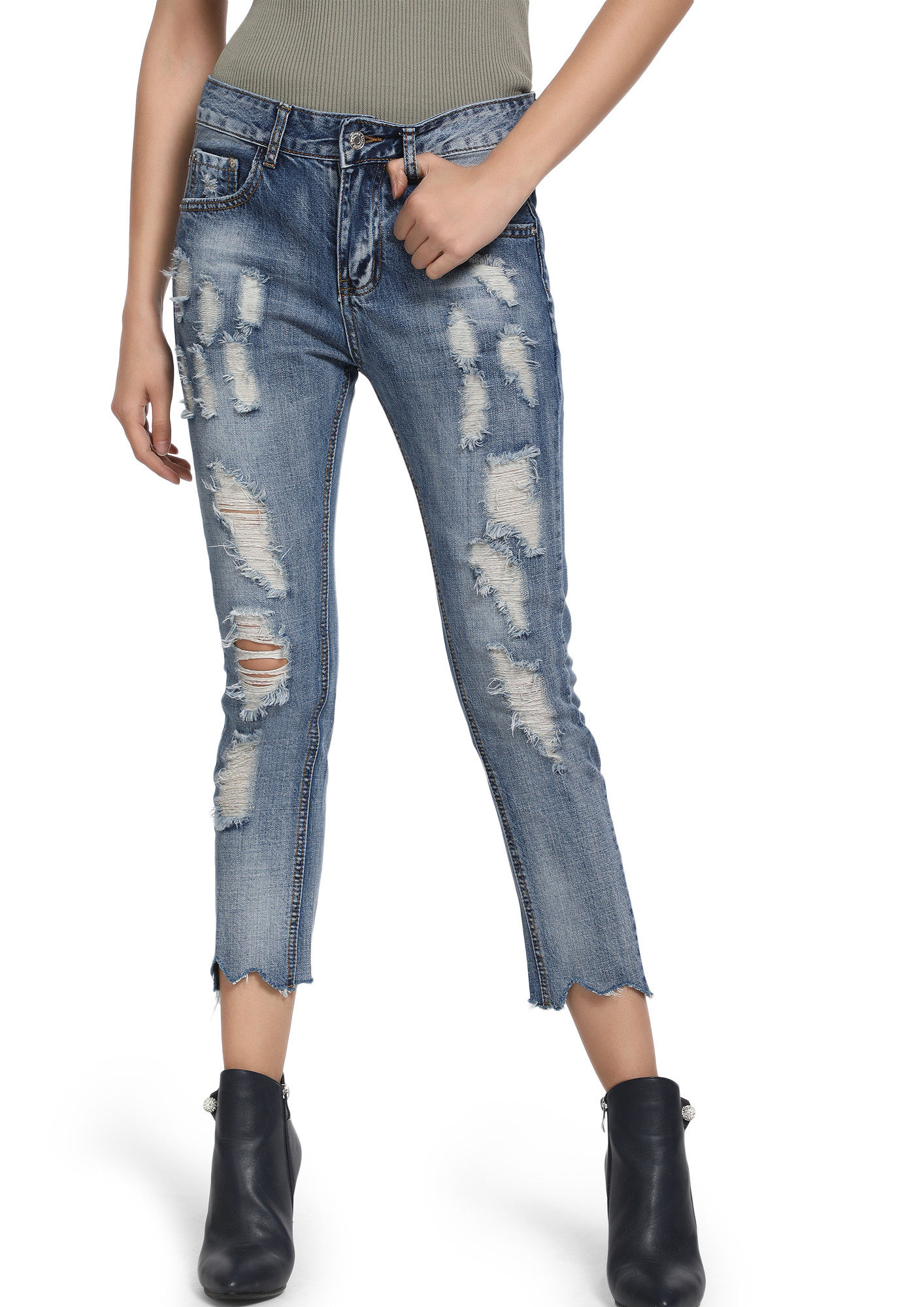 DRAWING ATTENTIONS BLUE RIPPED CROP JEANS