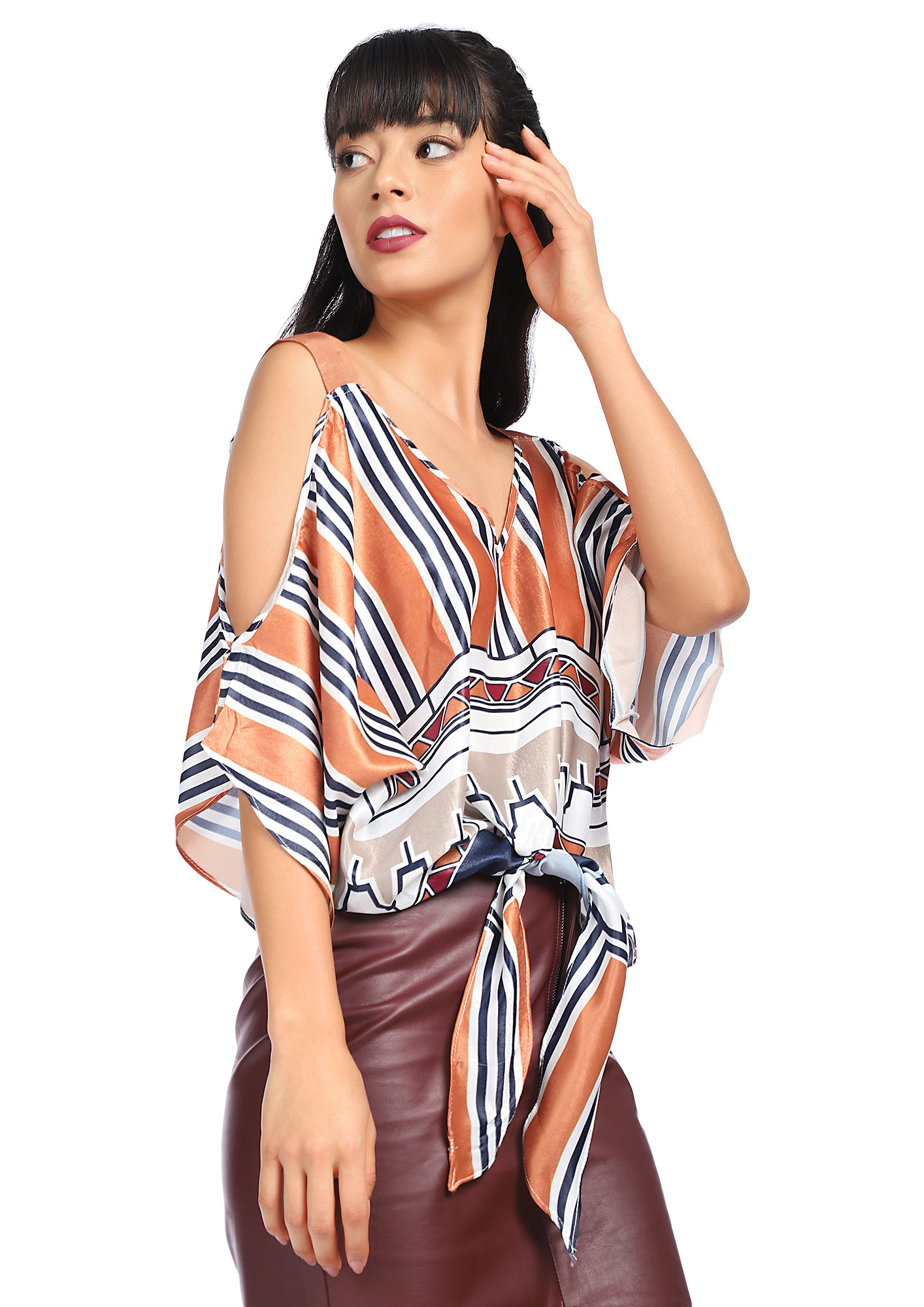 NEED A GIRL LIKE YOU COLD-SHOULDER MULTICOLOR TOP