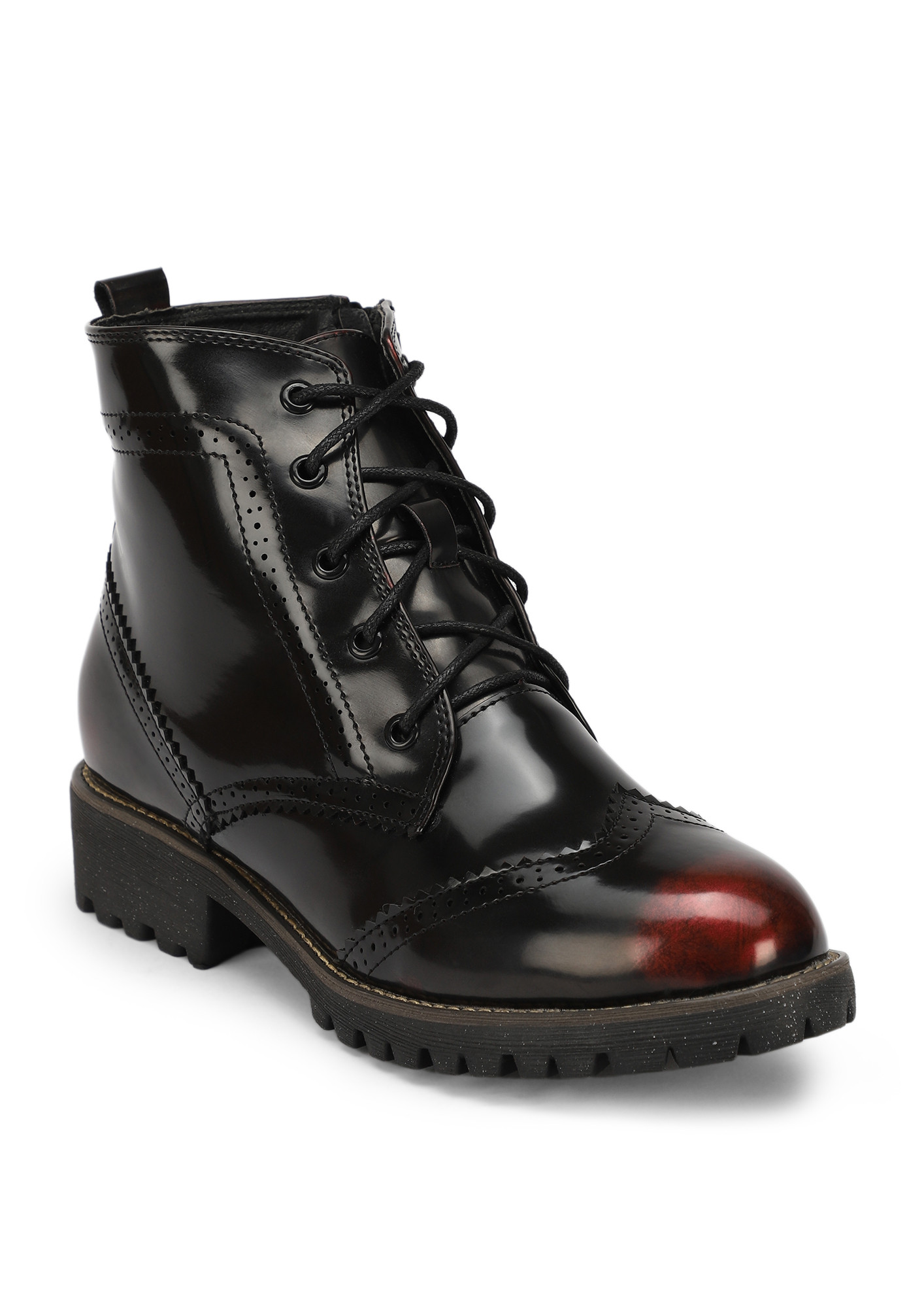 KEEP THE SHINE ON RED PATENT LACE-UP BOOTS