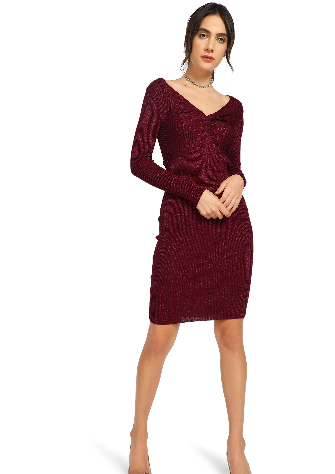 KNITTING SHIMMERS WINE RED PENCIL DRESS