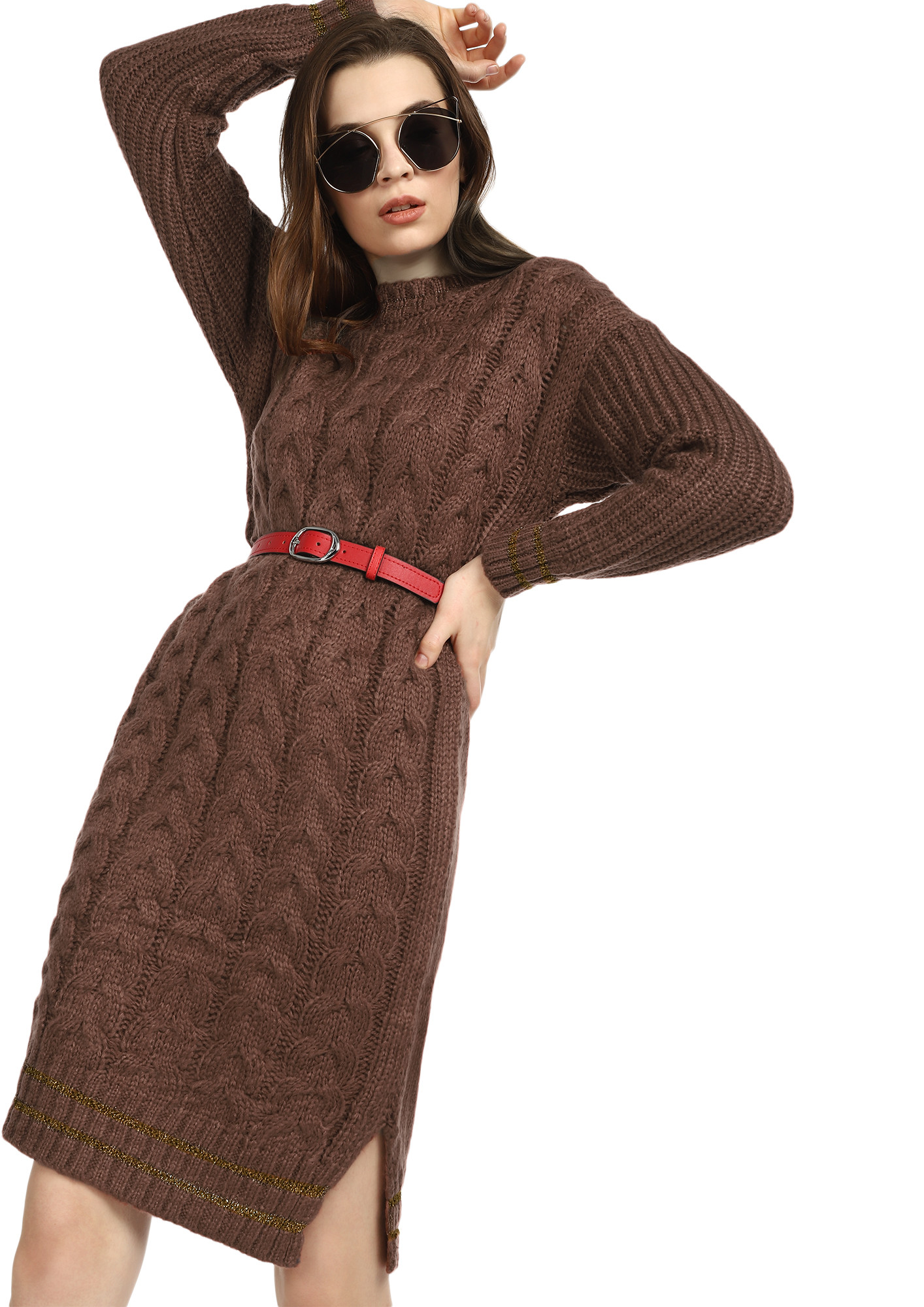 WINTER GAME RULES BROWN KNIT DRESS