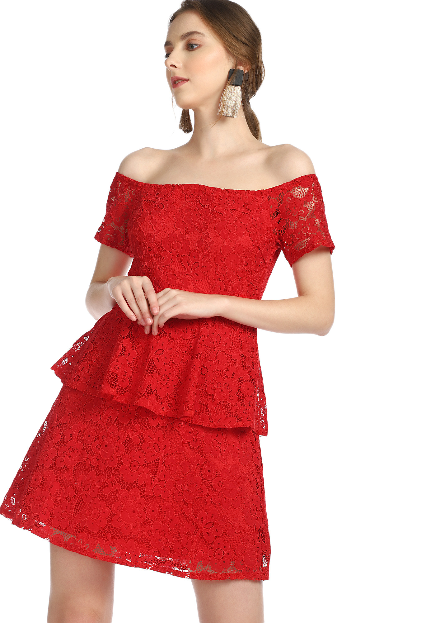 MESH PERFECTION RED OFF-SHOULDER DRESS