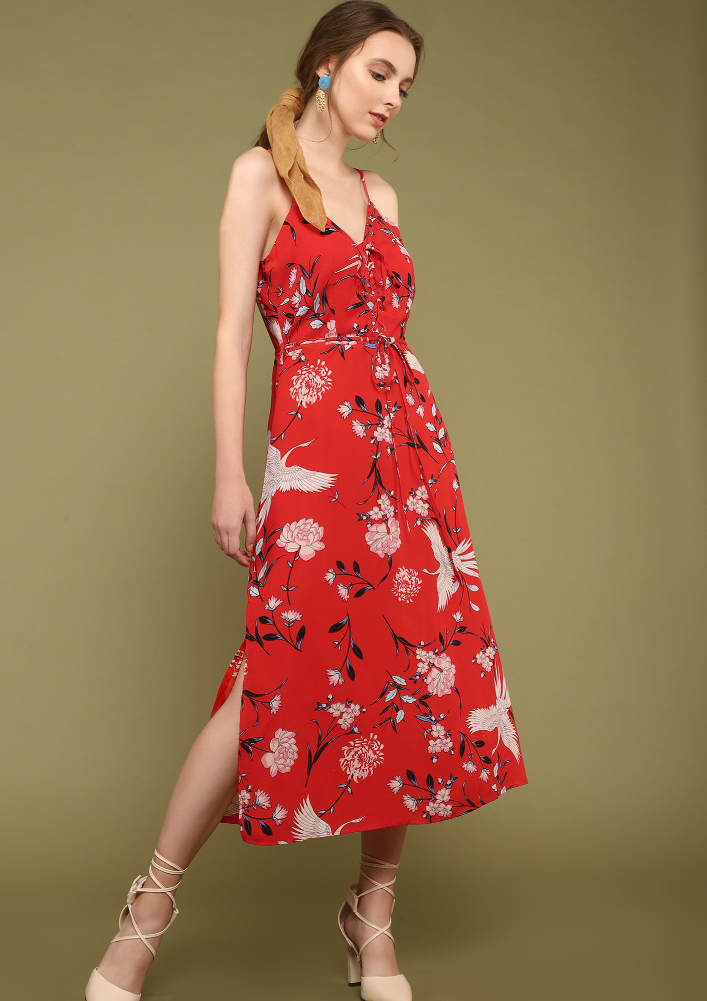 WELCOME TO FLOWER VALLEY RED MIDI DRESS