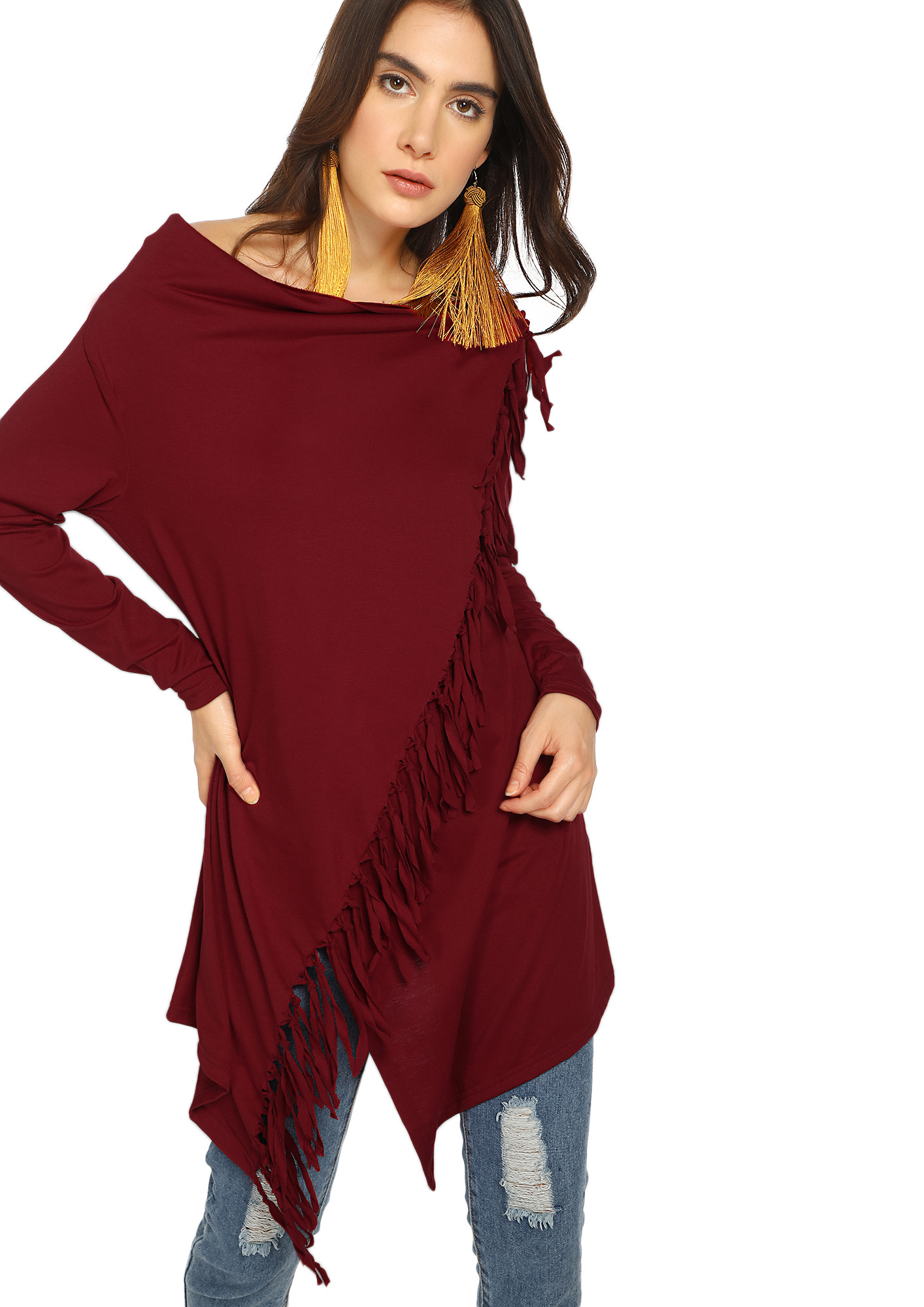 TWIRLING ALONG MY FRINGES MAROON TUNIC TOP