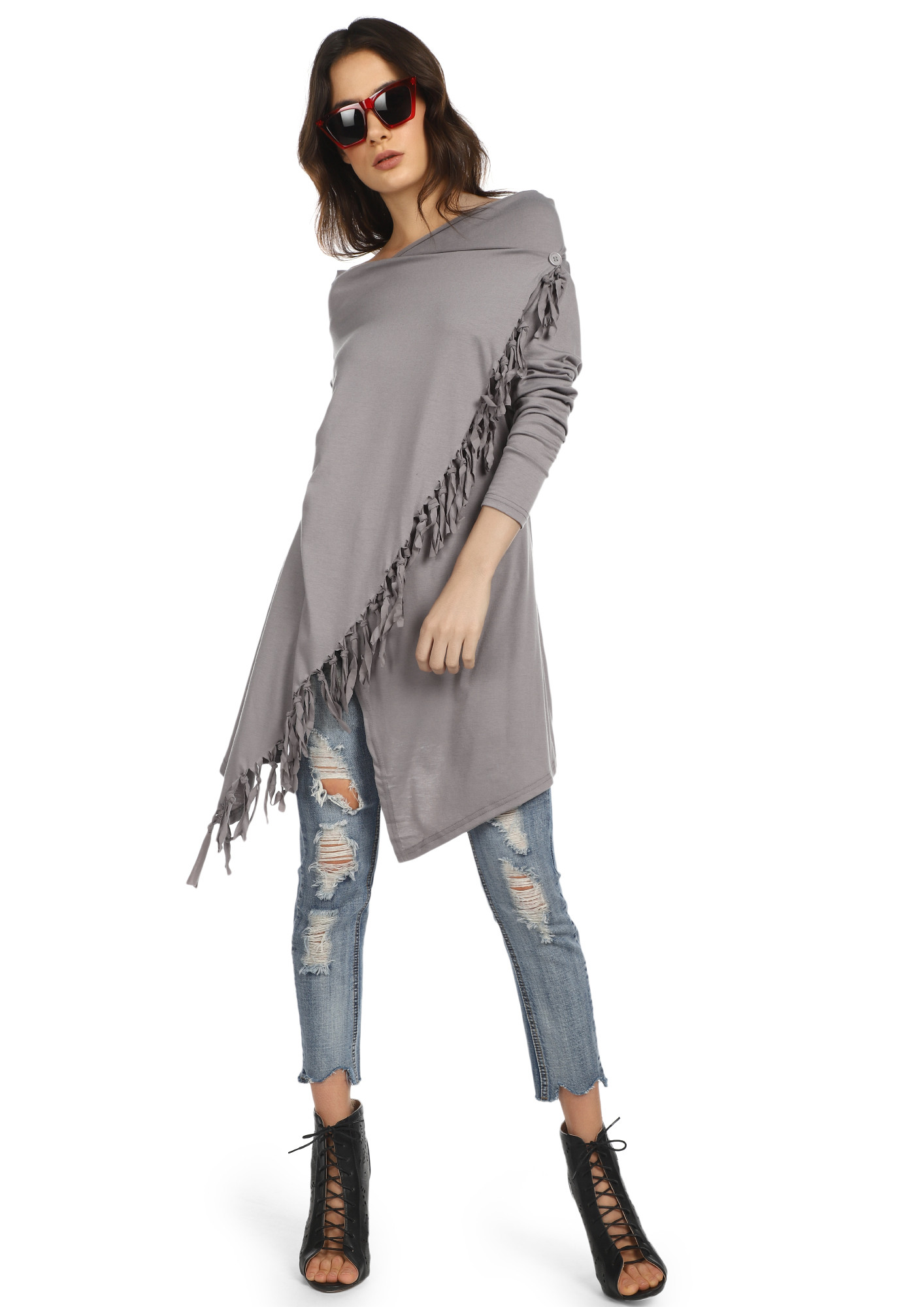 TWIRLING ALONG MY FRINGES GREY TUNIC TOP